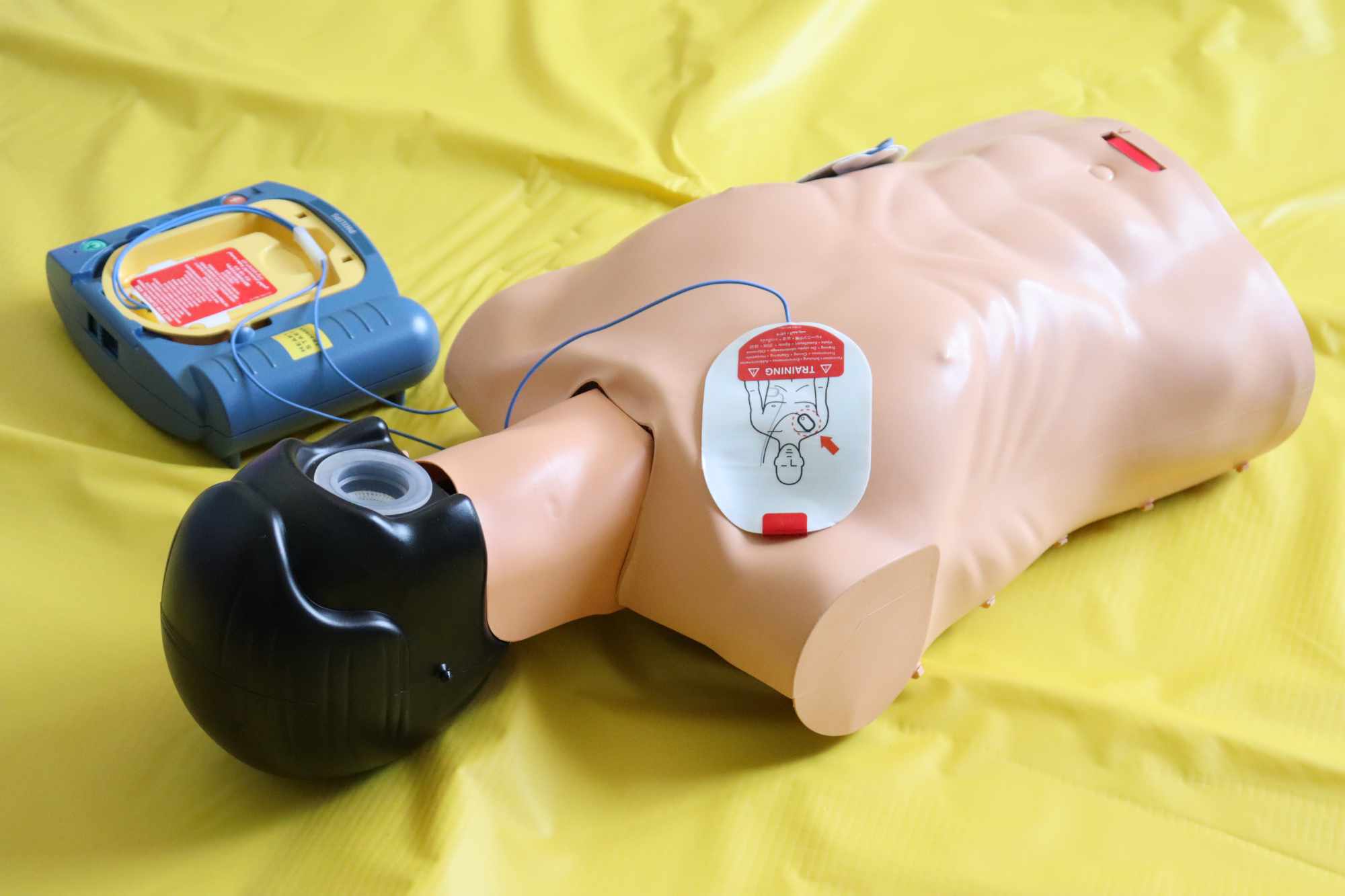 Eine Puppe ist an einen Defibrillator angeschlossen.